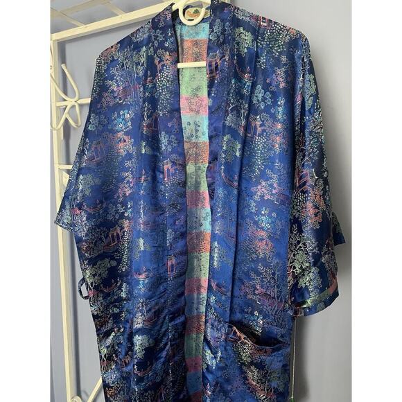 Vintage Blue Kimono Robe China Large Comfy Luxury Old Money No Belt - Picture 4 of 9